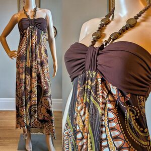 Vintage Y2K City Triangles Halter Dress Brown Maxi Mesh Paisley Whimsigoth Small
